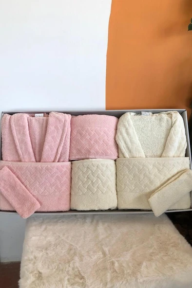 Şazeli 8 Parça Aile Bornoz Takımı Krem Pudra ürün görseli 1