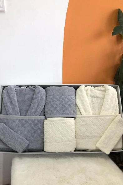 Şazeli 8 Parça Aile Bornoz Takımı Krem Gri ürün görseli 1