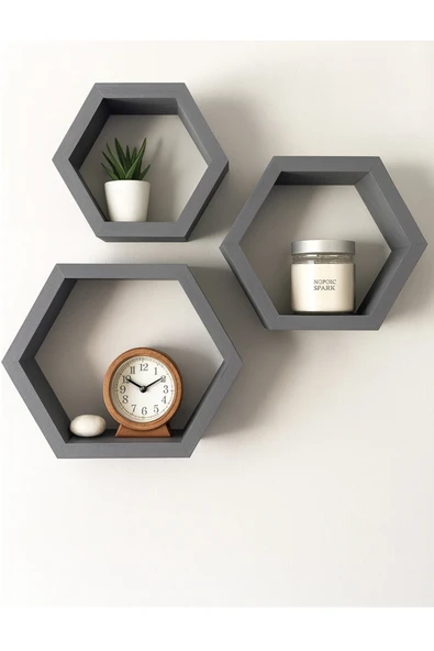 DEMEZLER MOBİLYA Modern Altıgen Ahşap Raf Takımı – 3’lü ürün görseli 1