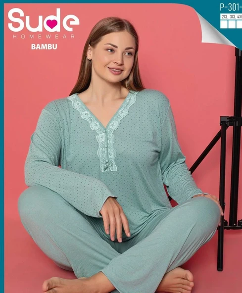 KADIN UZUN KOLLU BAMBU BÜYÜK BEDEN PİJAMA TAKIMI 2XL ürün görseli 1