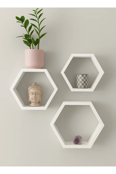 DEMEZLER MOBİLYA Modern Altıgen Ahşap Raf Takımı – 3’lü ürün görseli 1
