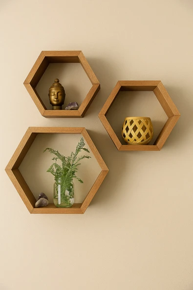 DEMEZLER MOBİLYA Modern Altıgen Ahşap Raf Takımı – 3’lü ürün görseli 1