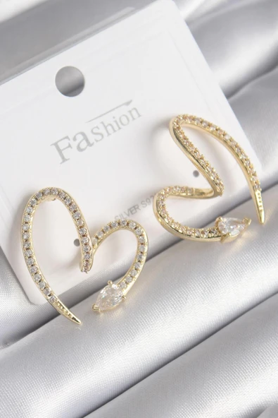 Pirinç Gold Renk Zirkon Taşlı Yılan Kalp Model Kadın Küpe ürün görseli 1
