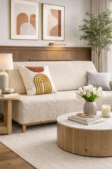 Sofa Cover Pelüş Kaymaz Tabanlı Koltuk Örtüsü 170x215 Cm Bej ürün görseli 1