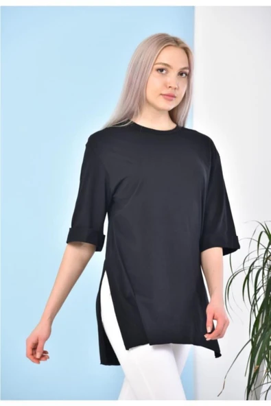 Pamuk Bisiklet Yaka Boyfriend Örme T-shirt ürün görseli 1