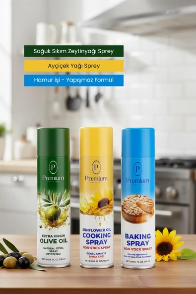 Premium Sprey Yağ Serisi, Zeytinyağı, Ayçiçek Yağı ve Hamur İşleri için Bitkisel Yağ, 250 ML Sprey Şişelerde ürün görseli 1