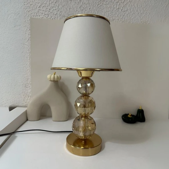 Mooncher Cam Gövdeli Gold Metal Abajur Altın Şeritli Krem Kumaş Başlık Gece Lambası ürün görseli 1