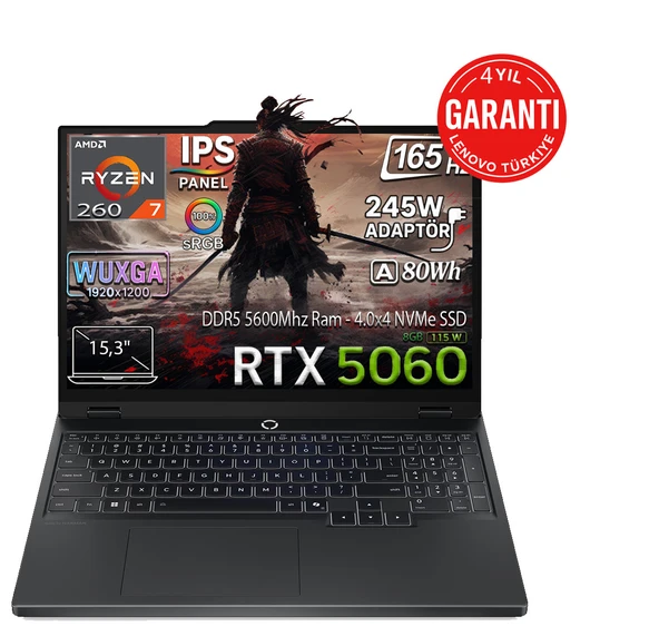 Lenovo Legion 5 15AHP10 Amd Ryzen 7 260 24GB 1tb SSD Geforce Rtx 5060 8gb (115W) 15.3" Wuxga IPS Panel 165Hz Freedos Taşınabilir Bilgisayar 83M00070TR ürün görseli 1