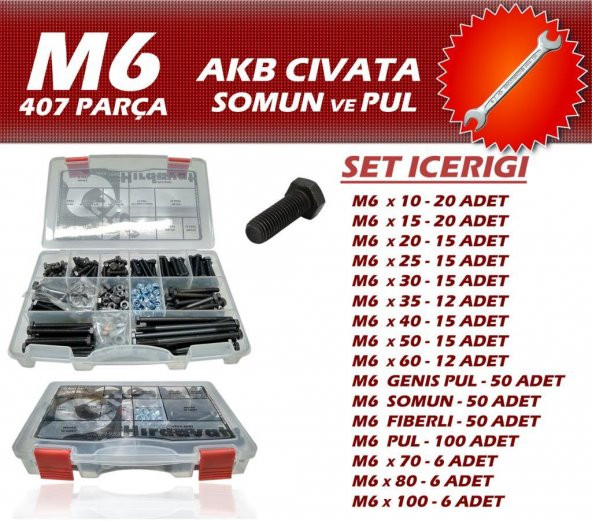 407 Parça M6 AKB Cıvata Seti + 8-10 Açık Ağızlı Anahtar ürün görseli 1