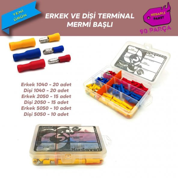 Erkek ve Dişi Mermi Başlı Ek Terminal Seti, Hesaplı Paket 90 Parça ürün görseli 1