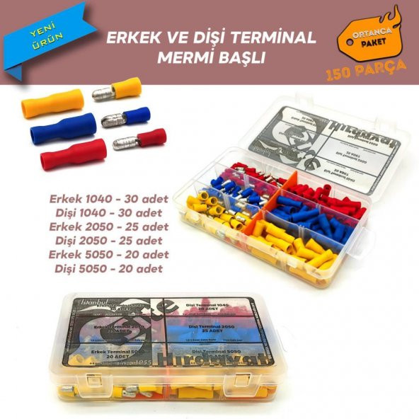 Erkek ve Dişi Mermi Başlı Ek Terminal Seti, Ortanca Paket 150 Parça ürün görseli 1
