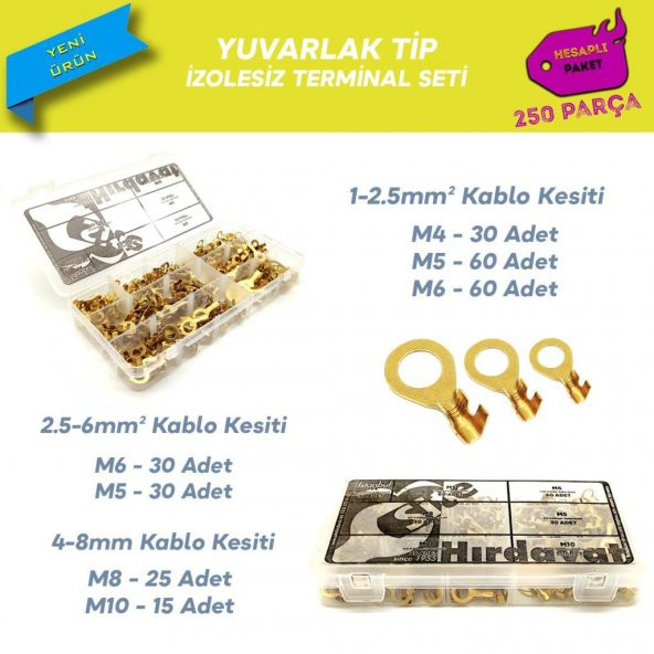 250 Parça İzolesiz Yuvarlak Tip Kablo Ucu Seti ürün görseli 1