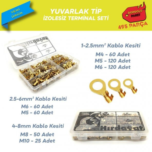 495 Parça İzolesiz Yuvarlak Tip Kablo Ucu Seti ürün görseli 1