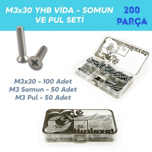 M3x30 YHB Vida Somun ve Pul Seti, 200 Parça ürün görseli 1