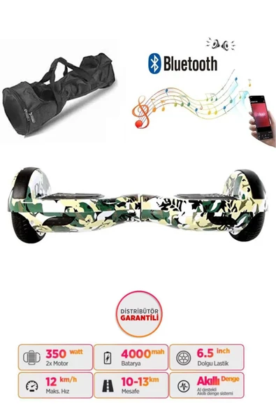 Citymate Elektrikli Kaykay Hoverboard 6.5 Inch Yeşil Kamuflaj Grafity Desenli Akıllı Denge Taşıma Çanta Hediye D07 ürün görseli 1