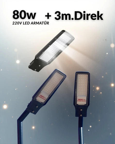 Aydınlatma Direği 80W Sokak Led Armatürü 220v + 3m. Montaja Hazır sokak Aydınlatma Lamba Direği ürün görseli 1