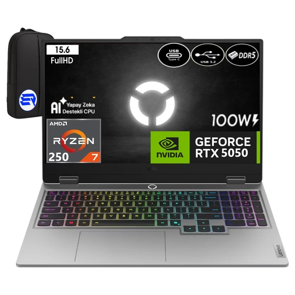 Lenovo Loq 15AHP10 Ryzen 7-250 64GB Ram 512GB SSD RTX5050 8gb 100W 15.6'' Inç Fhd 144Hz WIN11 Pro 83JG006ATREP5 + Elektropasaj Çanta ürün görseli 1
