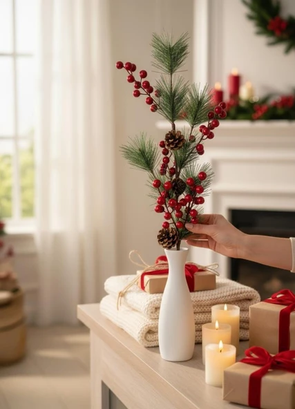 Yapay Çiçek Kokina ve Çam Dalı Uzun Dal Kozalaklı 75cm Yılbaşı Çiçeği Red Berry ürün görseli 1