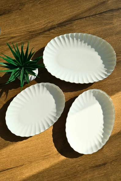Kütahya Porselen Bone Luz Form Kayık Tabak Seti Platin 3 Parça ürün görseli 1