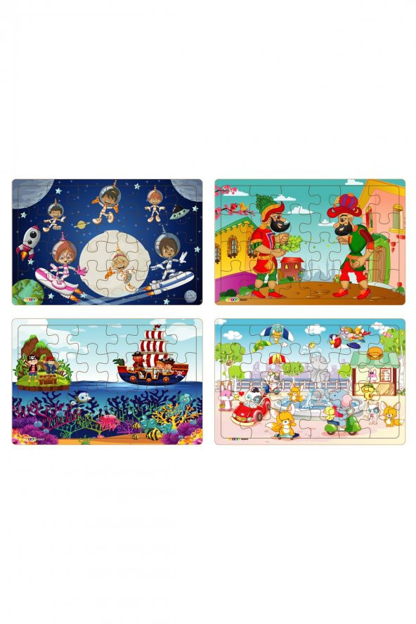 Yeni 4 Adet  24 Parçalı Ahşap Puzzle Yapboz uzaylı çocuklar, karagöz, korsanlar, parkta hayvanlar ürün görseli 1