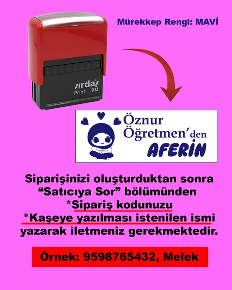 Öğretmen Kaşesi - Aferin, 912 (51mmX19mm) Mavi Keçeli Otomatik Kaşe ürün görseli 1