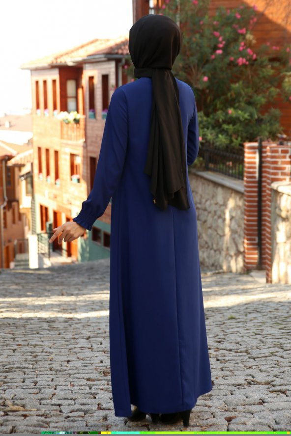 Kolyeli Tesettür Elbise - Saks - Resim 3