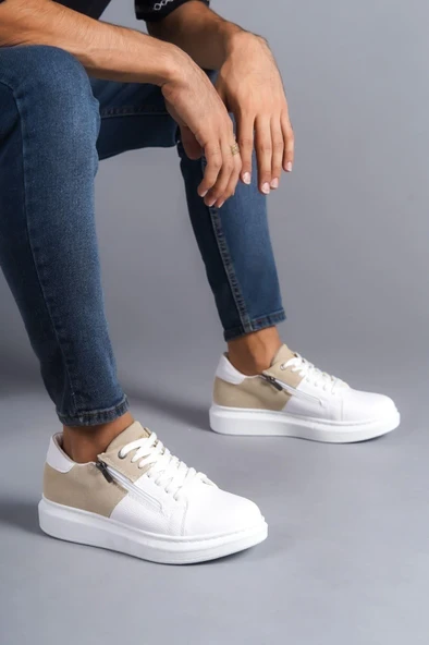 SLW155 Warrior Bağcıklı ve Fermuarlı Cilt Süet Erkek Günlük Sneaker Ayakkabı CSBT - Beyaz/Krem ürün görseli 1