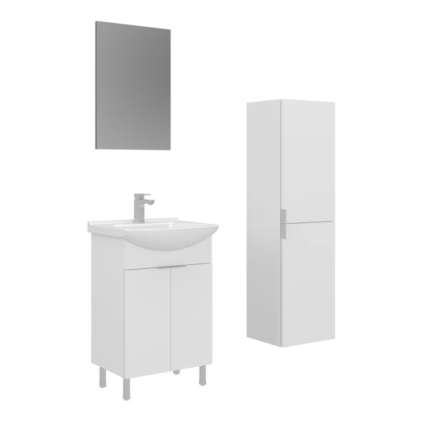 Orka Purus 55 cm Parlak Beyaz Düz Aynalı Banyo Dolabı Takım ve Boy Dolabı (Ayaklı) ürün görseli 1