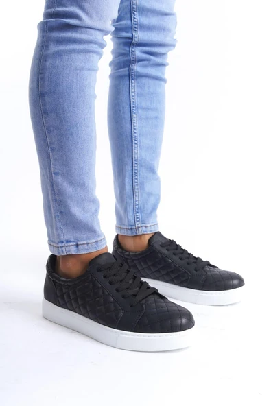SLW166 Prestige Bağcıklı Cilt Kapitone Desenli Erkek Günlük Sneaker Ayakkabı CBT - Siyah ürün görseli 1