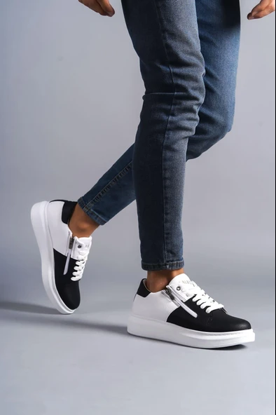 SLW155 Warrior Bağcıklı ve Fermuarlı Cilt Erkek Günlük Sneaker Ayakkabı CBT - Beyaz/Siyah ürün görseli 1
