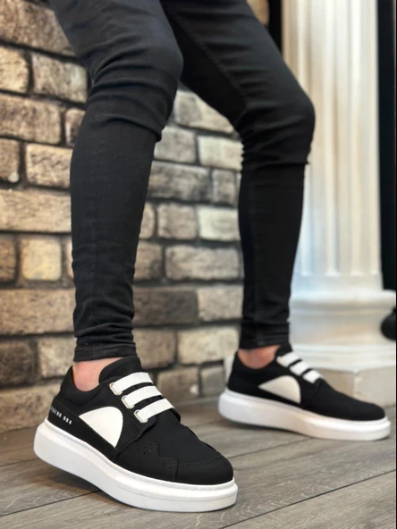 BA0302 Boa Kalın Taban Bağcıksız Tarz Casual Siyah Beyaz Erkek Ayakkabı ürün görseli 1