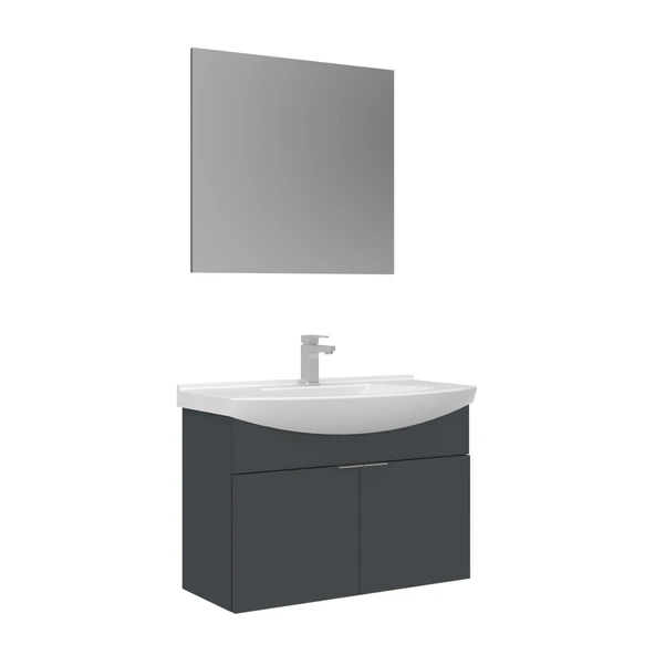 Orka Purus 80 cm Mat Antrasit Düz Aynalı Banyo Dolabı Takımı (Asma) ürün görseli 1