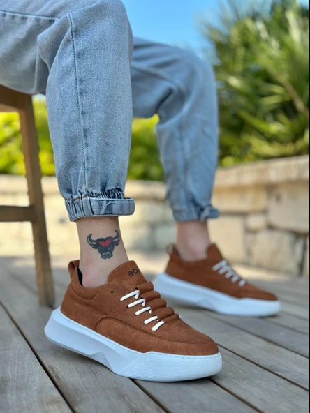 BA0332 Merdiven Desen Bağcıklı Erkek Yüksek Taban Taba Süet Beyaz Taban Spor Ayakkabı ürün görseli 1