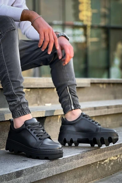 KB-056 Kuback Siyah Cilt Siyah Yüksek Taban Günlük Spor Ayakkabı ürün görseli 1