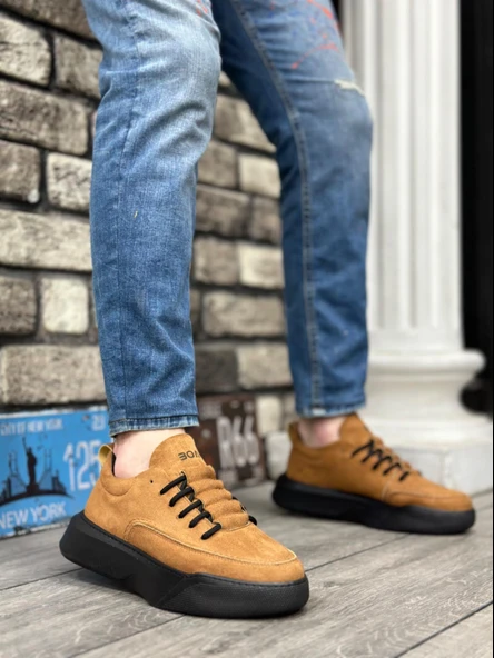 BA0332 Merdiven Desen Bağcıklı Erkek Yüksek Taban Taba Süet Siyah Taban Spor Ayakkabı ürün görseli 1