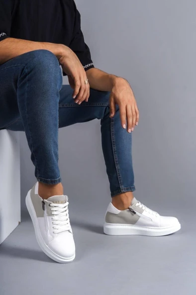 SLW155 Warrior Bağcıklı ve Fermuarlı Cilt Süet Erkek Günlük Sneaker Ayakkabı CSBT - Beyaz/Gri ürün görseli 1