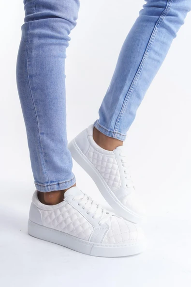 SLW166 Prestige Bağcıklı Cilt Kapitone Desenli Erkek Günlük Sneaker Ayakkabı CBT - Beyaz ürün görseli 1