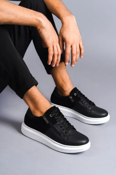 SLW155 Warrior Bağcıklı ve Fermuarlı Cilt Süet Erkek Günlük Sneaker Ayakkabı CSBT - Siyah ürün görseli 1