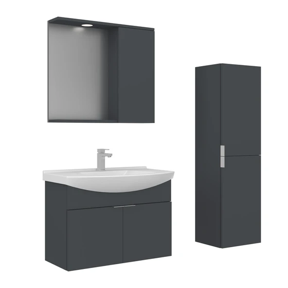 Orka Purus 80 cm Mat Antrasit Spot Aynalı Banyo Dolabı Takım ve Boy Dolabı (Asma) ürün görseli 1
