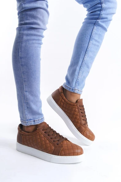 SLW166 Prestige Bağcıklı Cilt Kapitone Desenli Erkek Günlük Sneaker Ayakkabı CBT - Taba ürün görseli 1