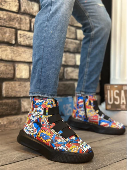 BA0142 Bantlı Erkek Yüksek Taban Popart Model Spor Bot ürün görseli 1