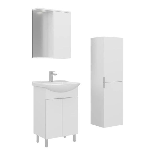 Orka Purus 55 cm Parlak Beyaz Spot Aynalı Banyo Dolabı Takım ve Boy Dolabı (Ayaklı) ürün görseli 1