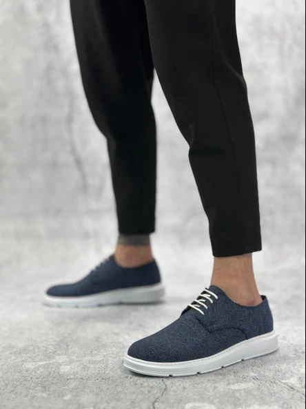 BA0003 Bağcıklı Klasik Spor Keten Lacivert  Beyaz Taban Casual Erkek Ayakkabı ürün görseli 1