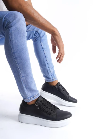 SLW155 Warrior Bağcıklı ve Fermuarlı Cilt Erkek Günlük Sneaker Ayakkabı CBT - Siyah ürün görseli 1