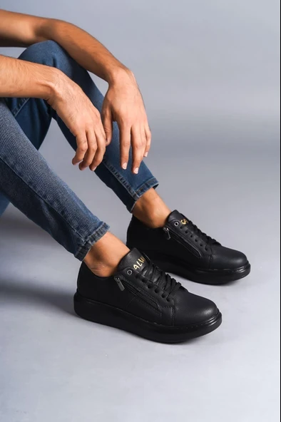 SLW155 Warrior Bağcıklı ve Fermuarlı Cilt Erkek Günlük Sneaker Ayakkabı CST - Siyah ürün görseli 1