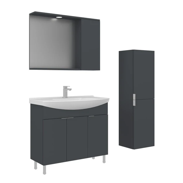 Orka Purus 100 cm Mat Antrasit Spot Aynalı Banyo Dolabı Takım ve Boy Dolabı (Ayaklı) ürün görseli 1