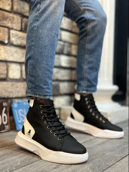 BA0155 Bağcıklı Erkek Yüksek Taban Siyah Beyaz Siyah Taban Spor Bot ürün görseli 1