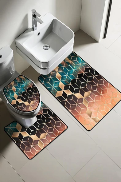 Modern Desenli Dijital Baskı 3’lü Banyo Paspas Takımı Yıkanabilir Kaymaz Tabanlı Klozet Takımı KLZ0014 RENKLİ 60 X 90 ürün görseli 1