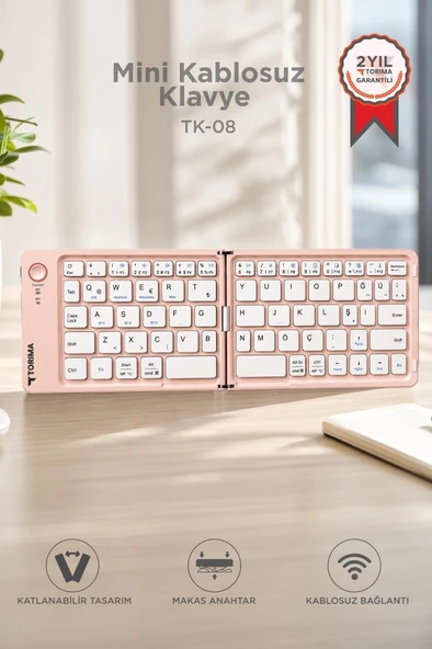 Kablosuz Klavye Bluetooth Katlanabilir Şarjlı Mini Klavye TK08 Pembe ürün görseli 1