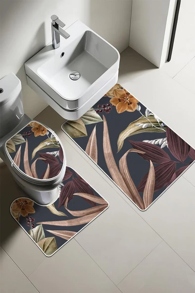 Modern Desenli Dijital Baskı 3’lü Banyo Paspas Takımı Yıkanabilir Kaymaz Tabanlı Klozet Takımı KLZ0024 RENKLİ 60 X 90 ürün görseli 1